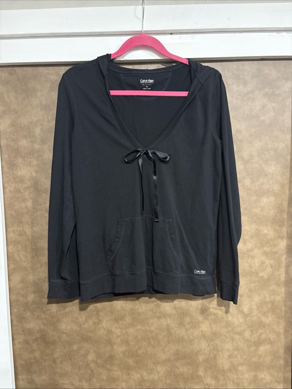 Calvin Klein Black V-Neck Hooded Tie-Front Sweater